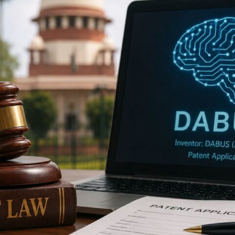 Patent law book, gavel, and DABUS AI on a laptop representing India's AI patent appeal.