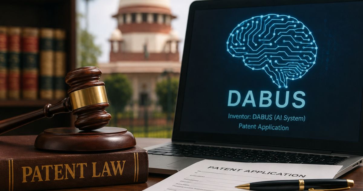 Patent law book, gavel, and DABUS AI on a laptop representing India's AI patent appeal.
