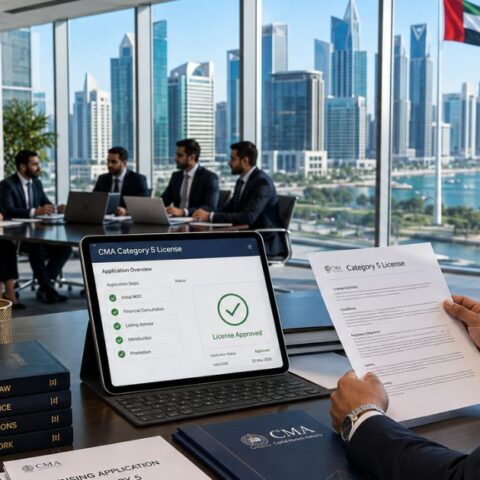 Category 5 License under the UAE Capital Markets Regulatory Framework with CMA licensing review in a modern Dubai financial office.