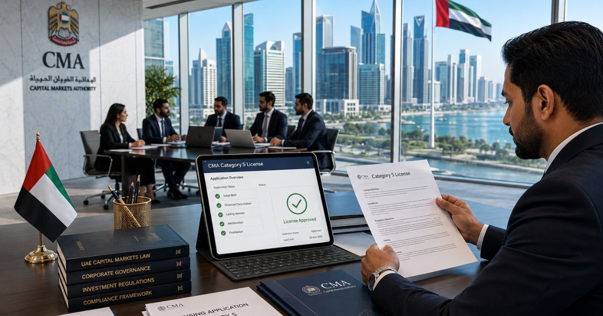 Category 5 License under the UAE Capital Markets Regulatory Framework with CMA licensing review in a modern Dubai financial office.