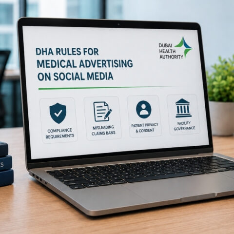 DHA standards for medical advertising on social media in Dubai displayed on a laptop and smartphone