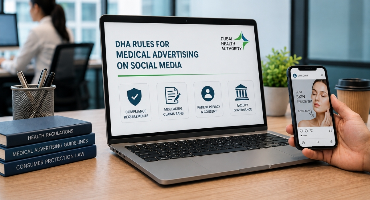 DHA standards for medical advertising on social media in Dubai displayed on a laptop and smartphone