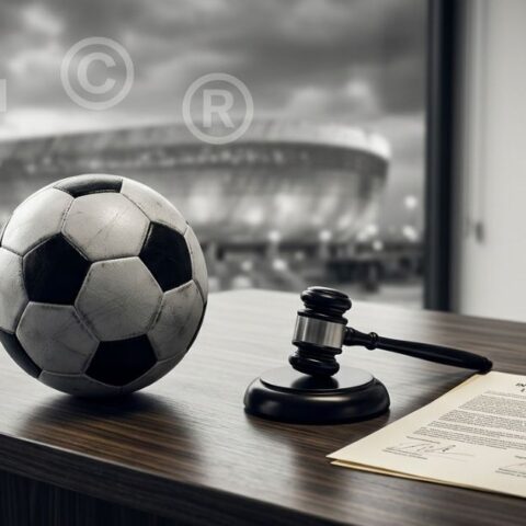 Intellectual Property and FIFA World Cup legal protections with football, gavel, trademarks, and licensing agreement.