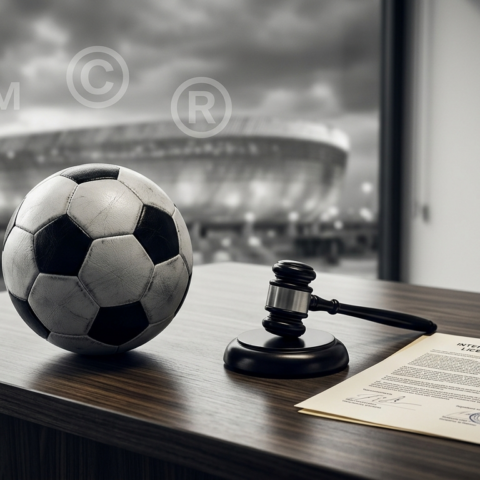 Intellectual Property and FIFA World Cup legal protections with football, gavel, trademarks, and licensing agreement.