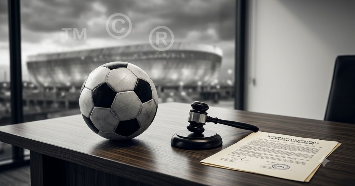 Intellectual Property and FIFA World Cup legal protections with football, gavel, trademarks, and licensing agreement.