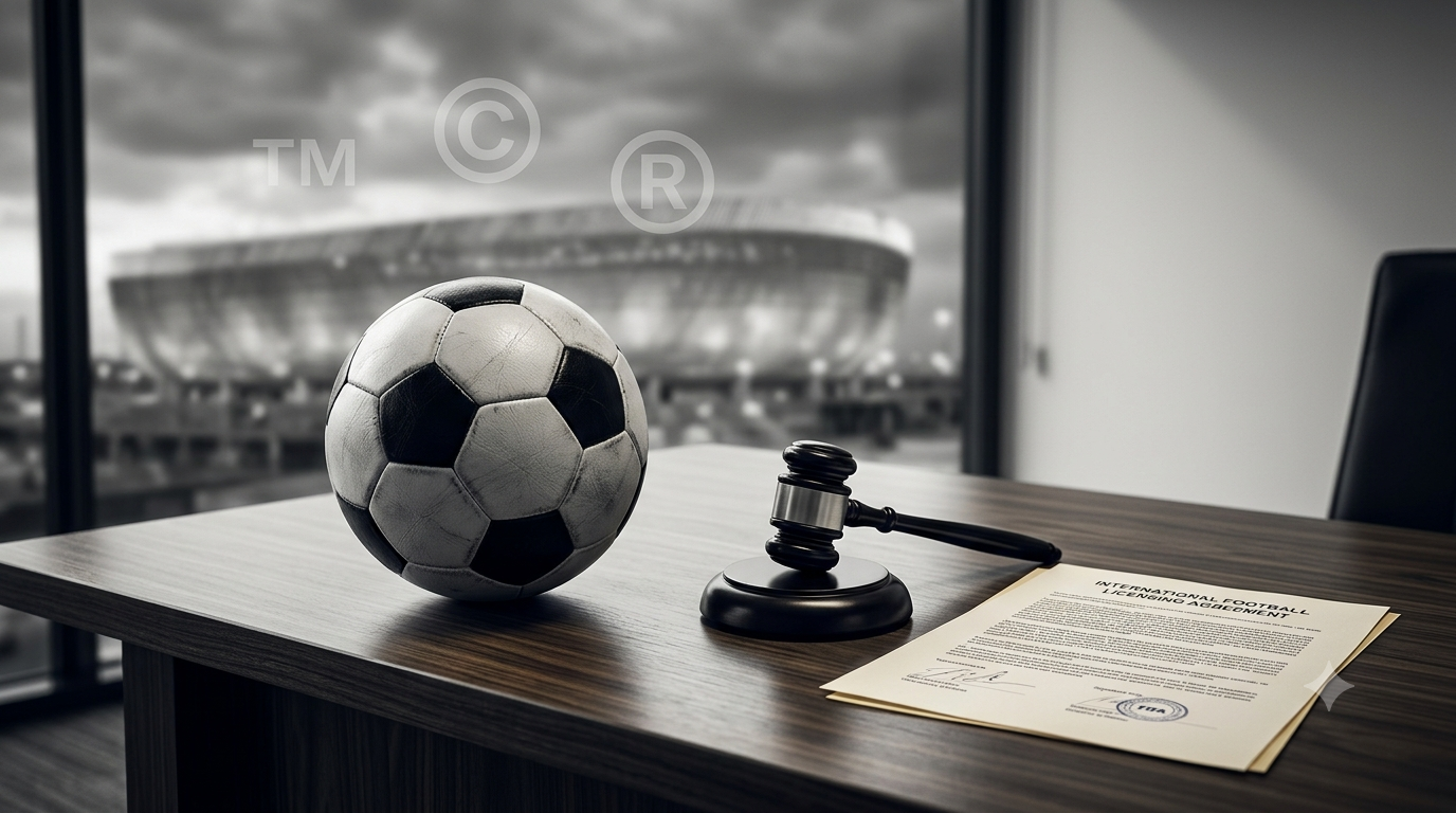 Intellectual Property and FIFA World Cup legal protections with football, gavel, trademarks, and licensing agreement.