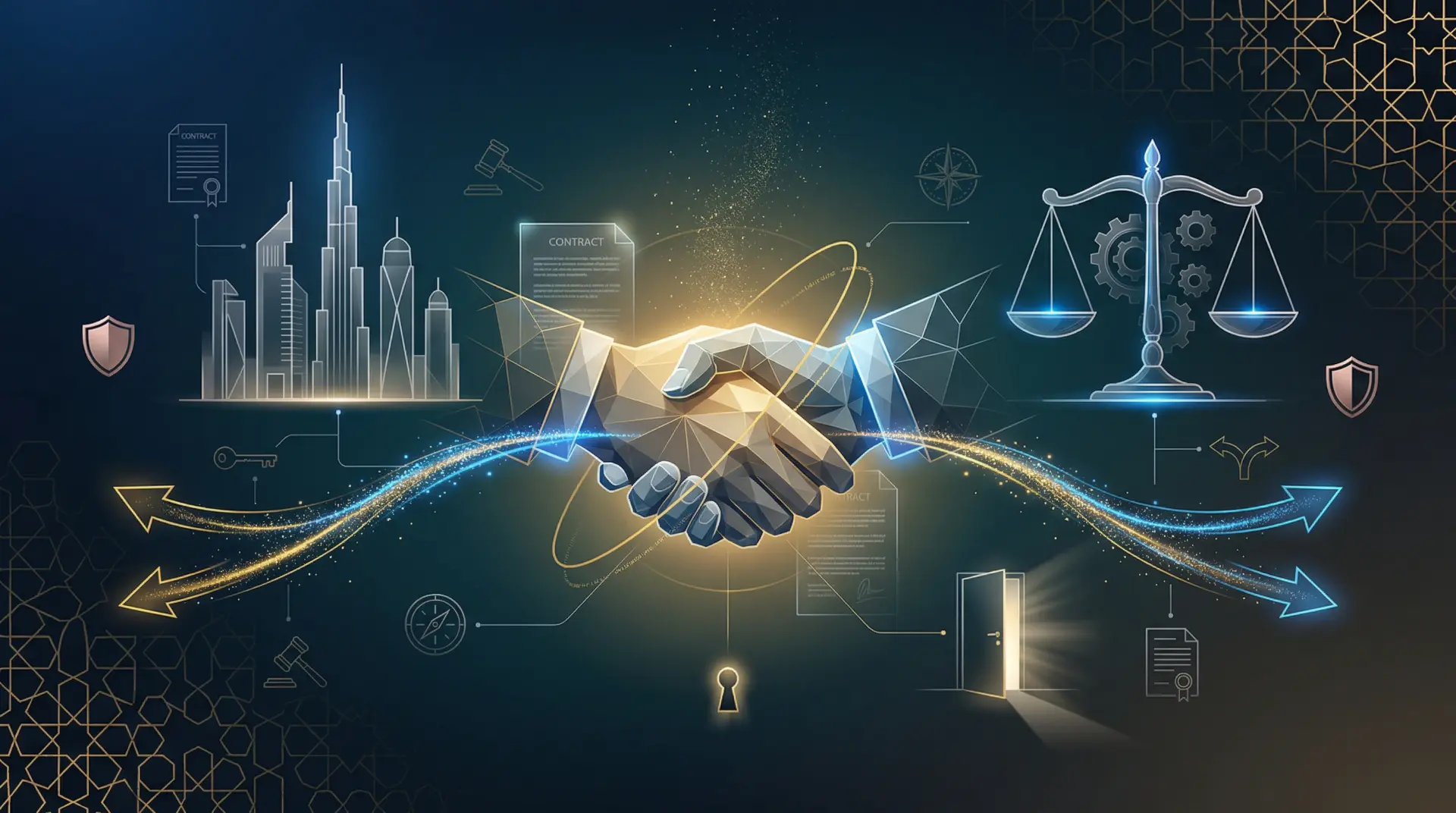 Two business professionals shaking hands over a joint venture contract with Dubai skyline and Islamic architecture in the bac