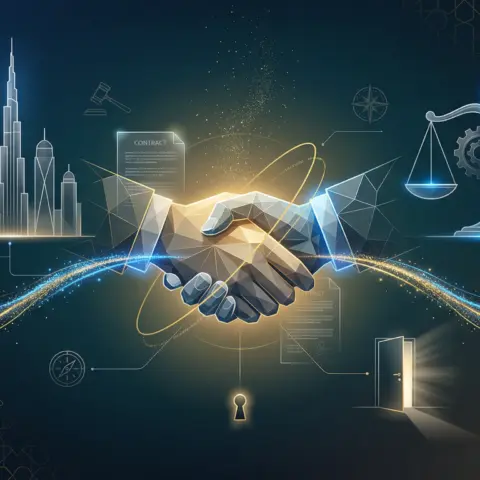 Two business professionals shaking hands over a joint venture contract with Dubai skyline and Islamic architecture in the bac