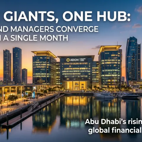 Three global fund managers converge on ADGM Abu Dhabi skyline with financial district symbolizing growing investment hub