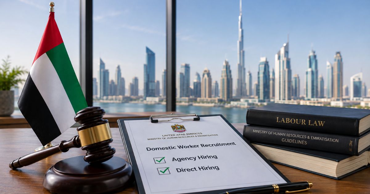 UAE domestic worker recruitment showing MoHRE agency hiring and direct hiring options.