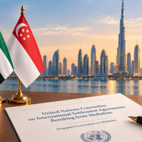 UAE and Singapore flags representing the Singapore Convention on Mediation and cross-border settlement enforcement