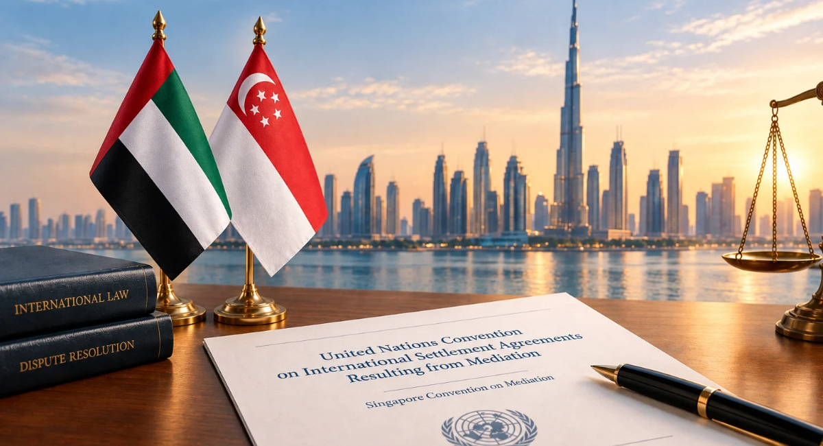 UAE and Singapore flags representing the Singapore Convention on Mediation and cross-border settlement enforcement