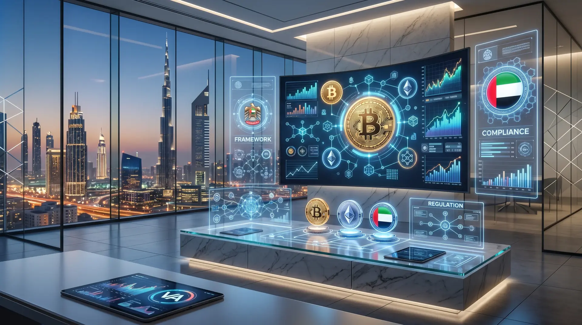 Virtual assets and UAE regulatory landscape featuring digital cryptocurrency symbols with Dubai skyline and financial icons