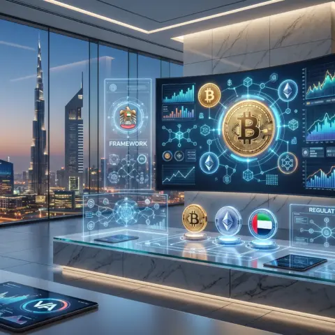 Virtual assets and UAE regulatory landscape featuring digital cryptocurrency symbols with Dubai skyline and financial icons