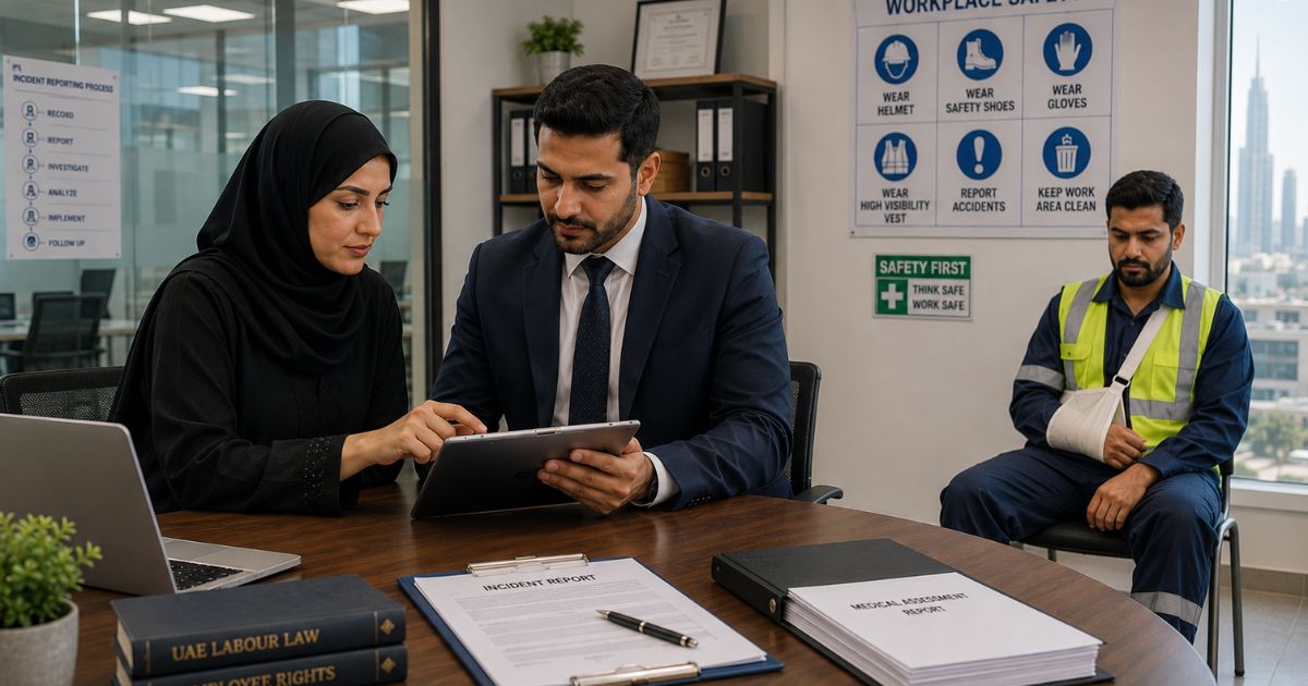 Workplace Injury Compensation in UAE under MoHRE rules with injured worker and HR compliance review